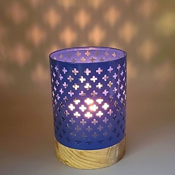 Threshold Blue Metal Hurricane Candleholder with Wood Base - Picture 1 of 5